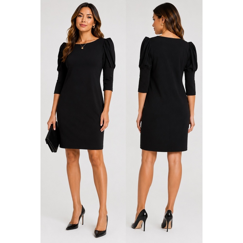 Diane von Furstenberg Black Puff Shoulder Sheath Dress Sz 6 Boat Neck 3/4 Sleeve